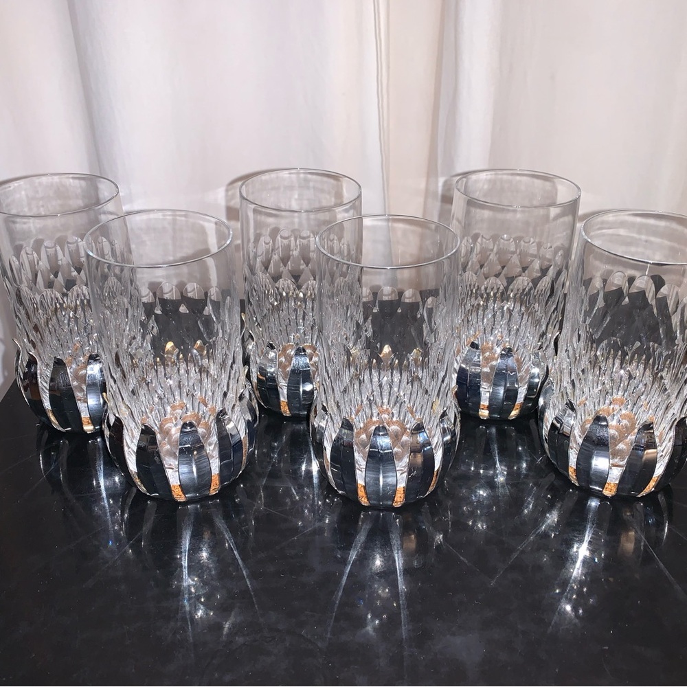 Set of 6 MCM silver tone lotus cork lined highball glasses (COLLECTORS DREAM)